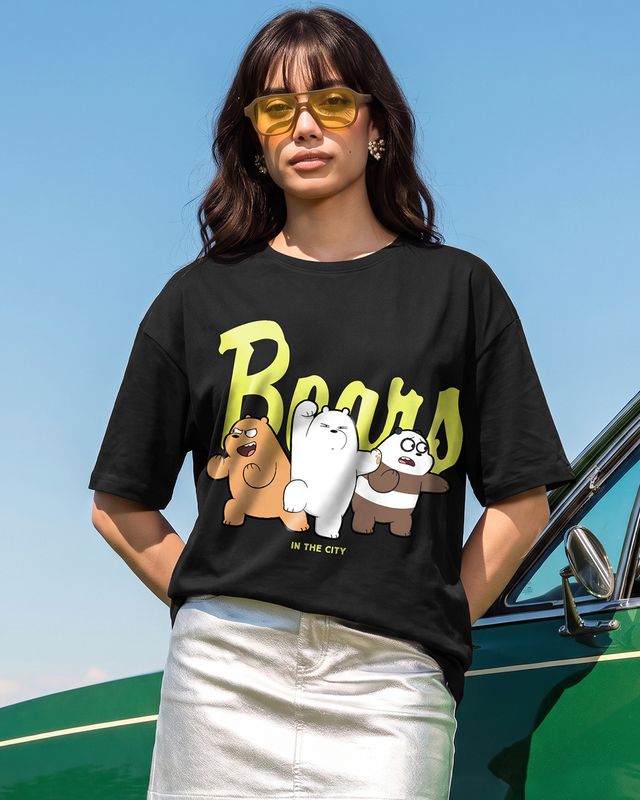 Women's Black Bears In The City Graphic Printed Oversized T-shirt