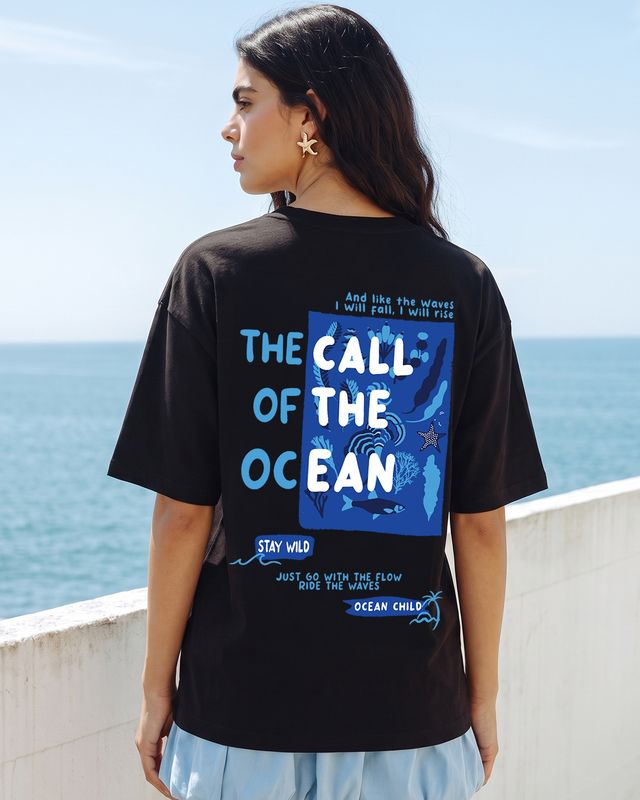 Women's Black Ocean Child Graphic Printed Oversized T-shirt