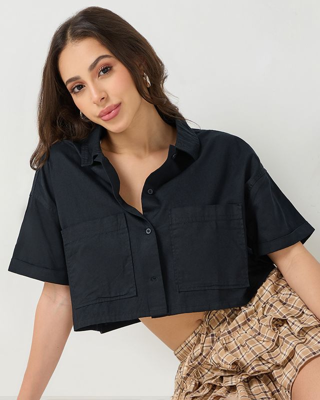 Women's Black Oversized Cropped Shirt
