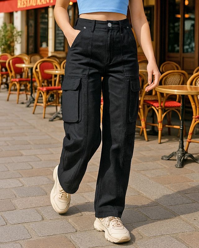 Women's Black Straight Fit Cargo Jeans