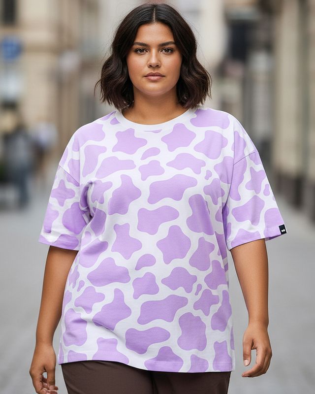 Shop Women's Purple & White All Over Printed Oversized Plus Size T-shirt-Front