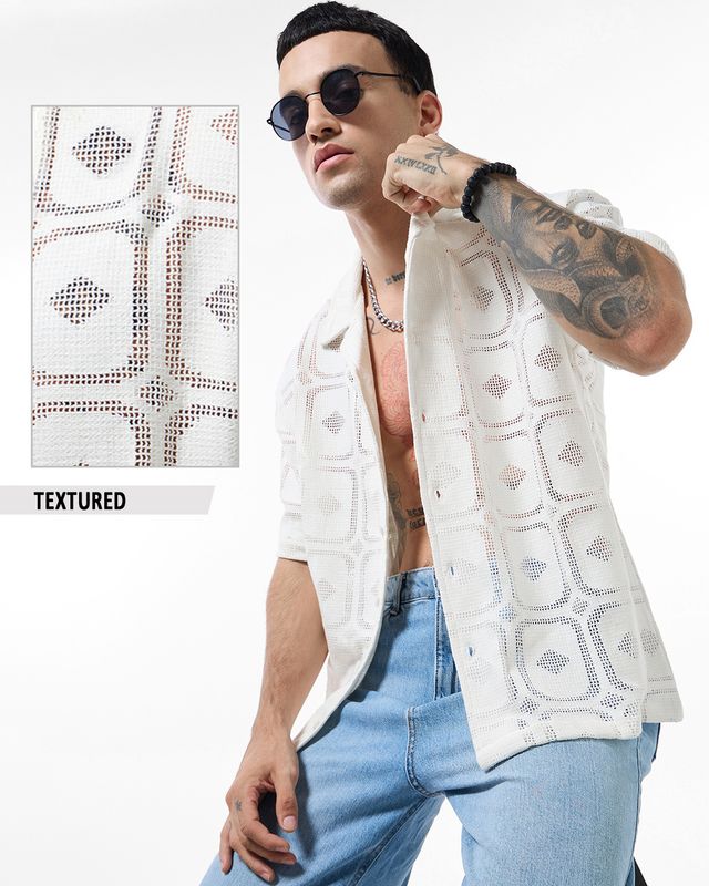 Men's Off White Oversized Crochet Shirt