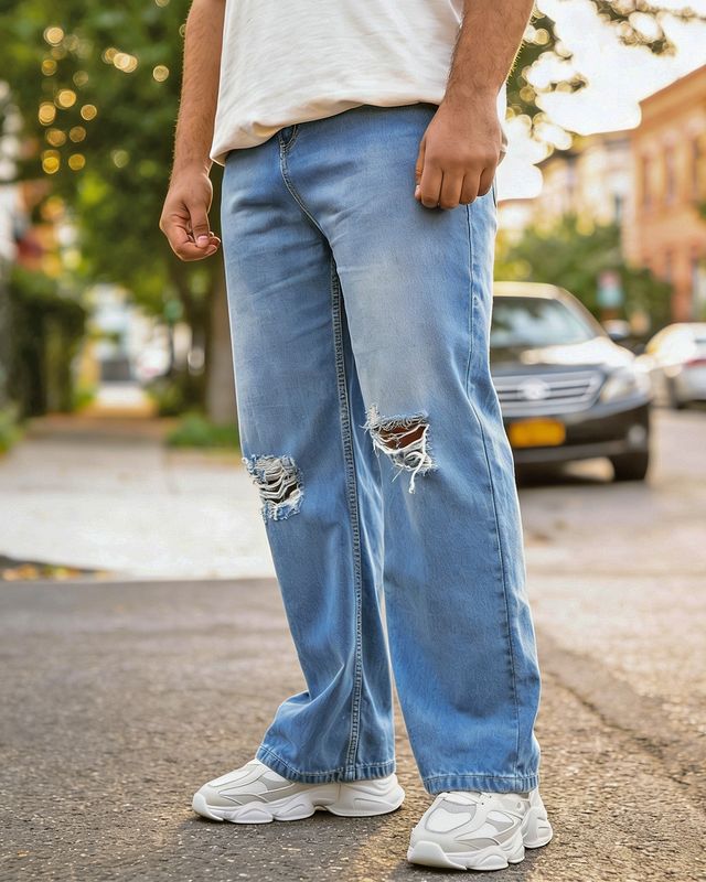 Men's Blue Washed Straight Fit Distressed Plus Size Jeans