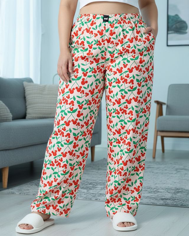 Shop Women's Beige Mickey All Over Printed Plus Size Wide Leg Pyjamas-Front