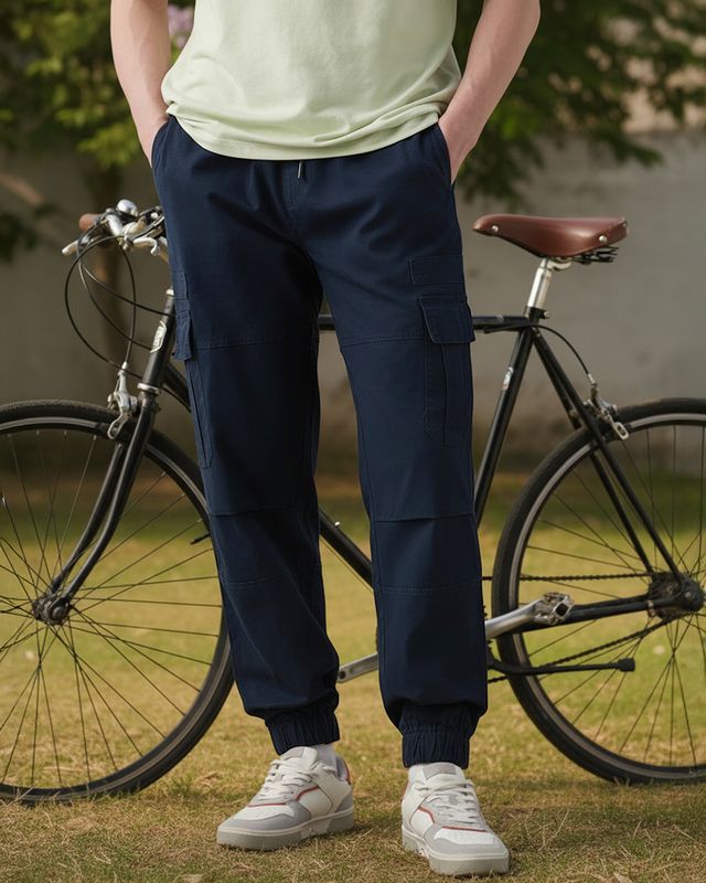 Shop Men's Navy Blue Oversized Cargo Jogger Pants-Front