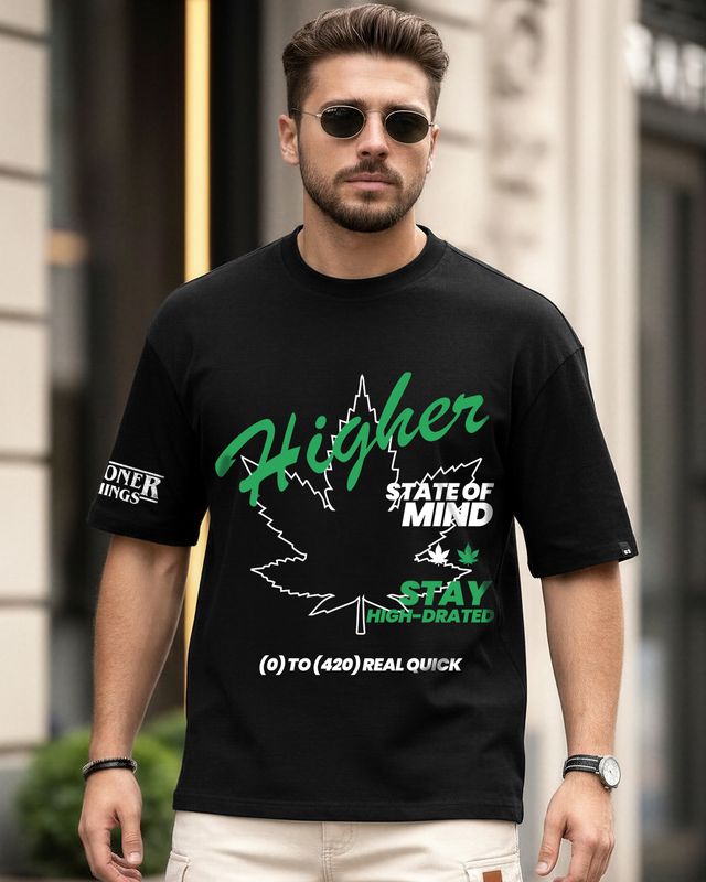 Shop Men's Jet Black Higher Graphic Printed Oversized T-shirt-Front