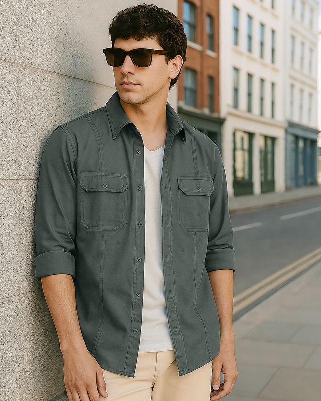 Men's Grey Oversized Cargo Shirt
