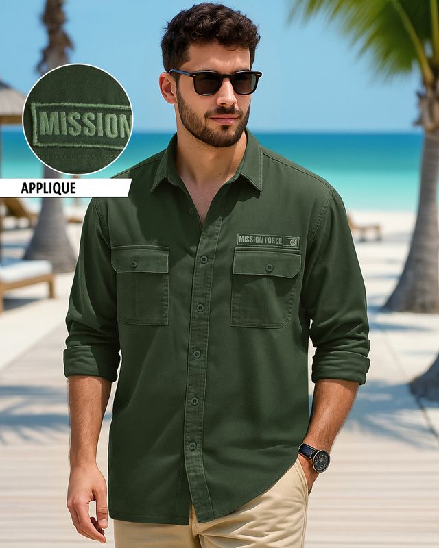 Men's Dark Green Mission Force Badge Printed Oversized Cargo Shirt