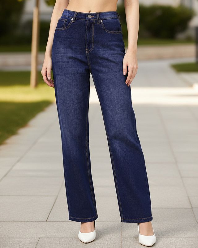 Women's Dark Blue Washed Baggy Straight Fit Jeans-Front Bewakoof Shop Women's Dark Blue Washed Baggy Straight Fit Jeans-Front