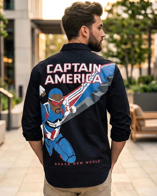 Men's Navy Blue Captain America Graphic Printed Shirt