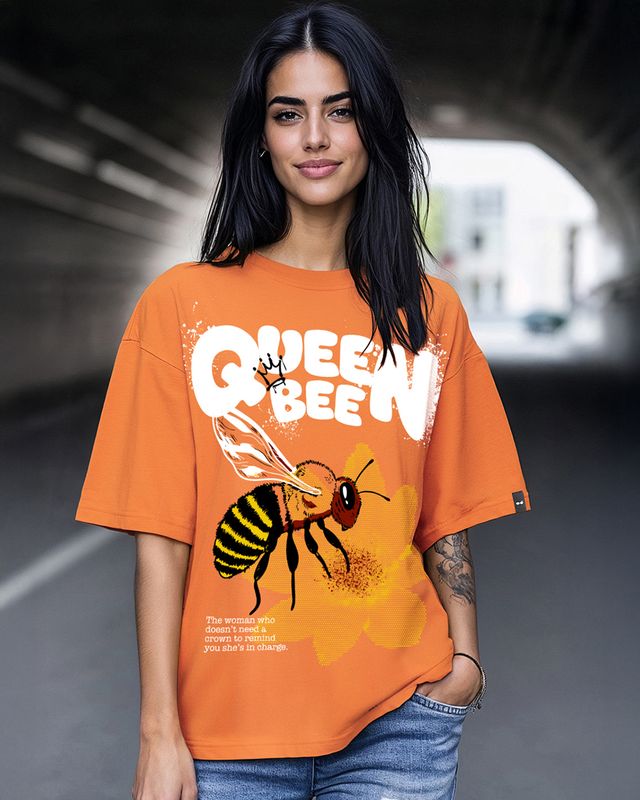 Shop Women's Orange Queen Bee Graphic Printed Oversized T-shirt-Front