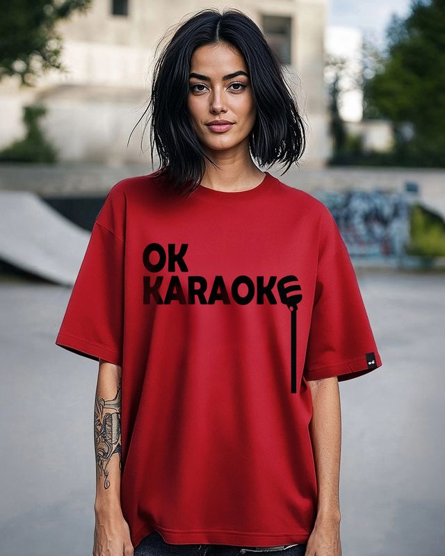 Women's Bold Red OK Karaoke Typography Oversized T-shirt-Front Bewakoof Shop Women's Bold Red OK Karaoke Typography Oversized T-shirt-Front