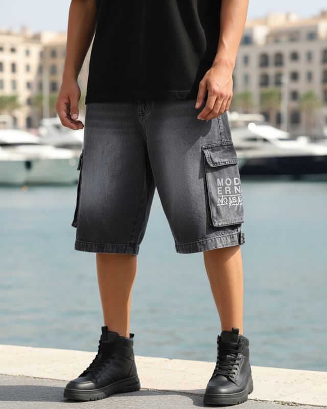 Shop Men's Light Grey Washed Baggy Fit Cargo Shorts-Front