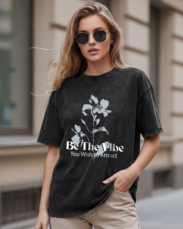 Women's Black Be The Vibe Graphic Printed Oversized Acid Wash T-shirt