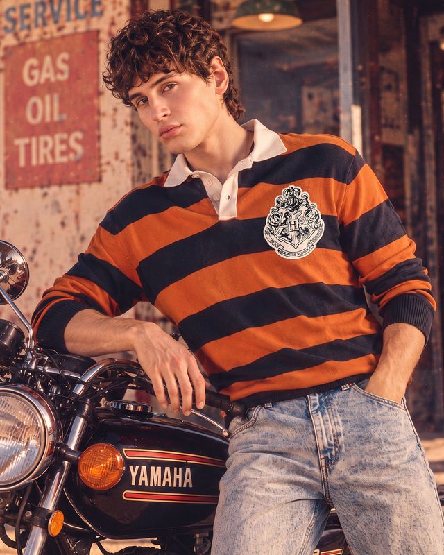 Men's Orange & Navy Blue Striped Oversized Polo Sweater