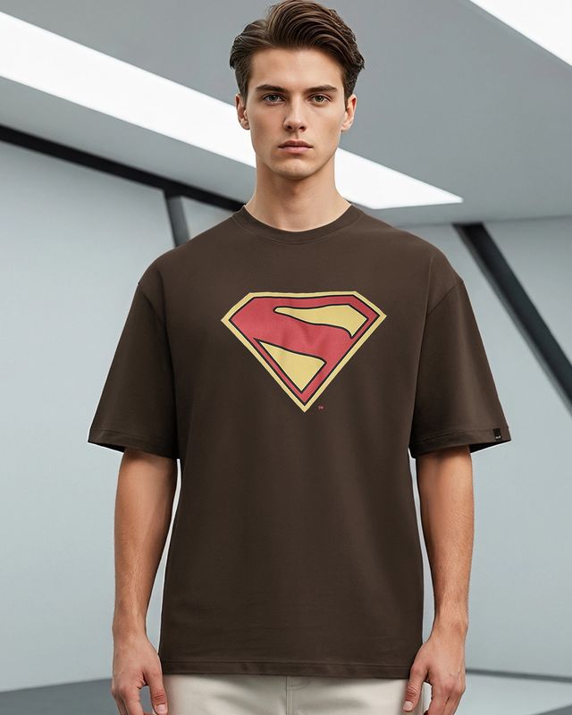 Shop Men's Chocolate Brown Superman Logo Graphic Printed Oversized T-shirt-Front