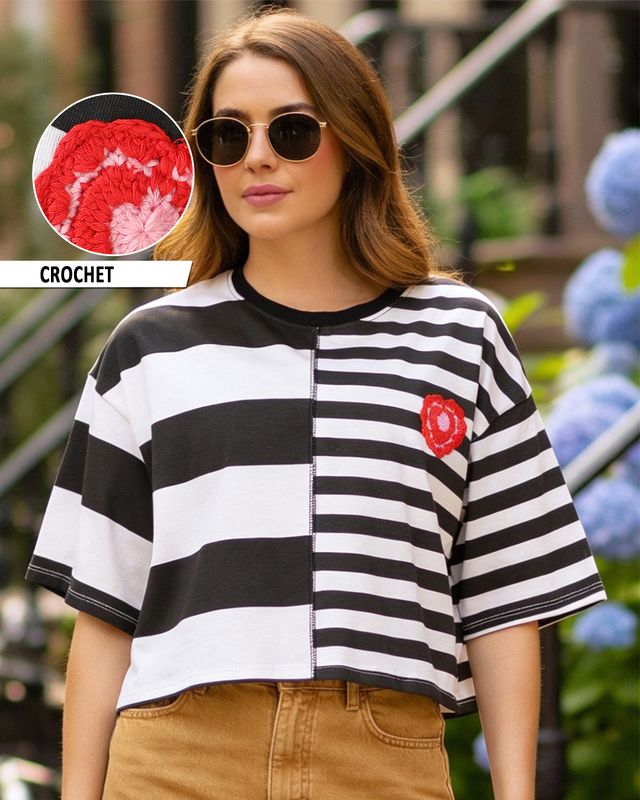 Women's Bright White & Black Striped Oversized Crop T-shirt
