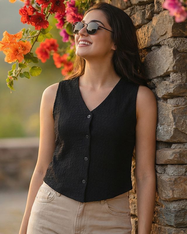Women's Black Textured Short Top