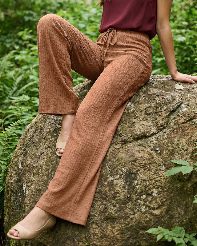 Women's Mocha Mousse Brown Textured Cotton Pants