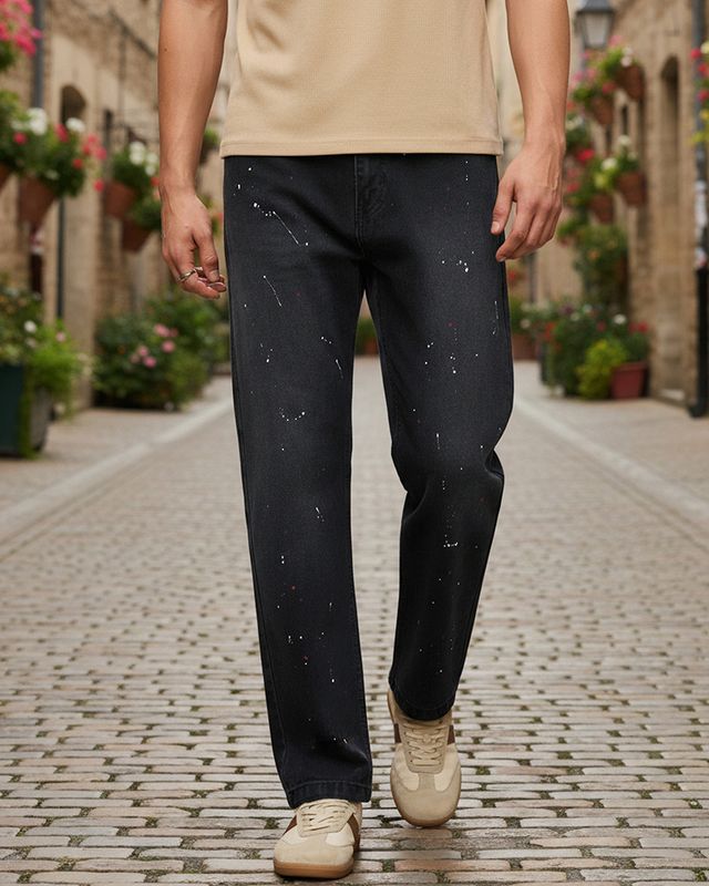 Men's Black Paint Splatter Printed Washed Straight Fit Jeans-Front Bewakoof Shop Men's Black Paint Splatter Printed Washed Straight Fit Jeans-Front