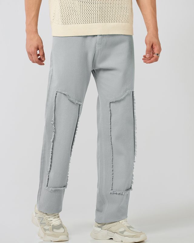 Shop Men's Powder Grey Applique Straight Fit Jeans-Front
