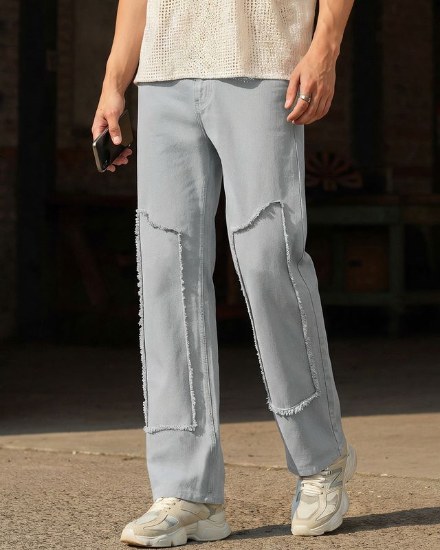 Men's Powder Grey Applique Straight Fit Jeans-Front Bewakoof Shop Men's Powder Grey Applique Straight Fit Jeans-Front