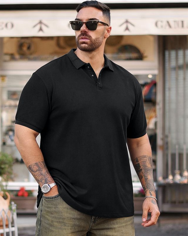 Shop Men's Jet Black Textured Plus Size Polo T-shirt-Front