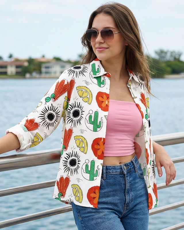 Women's Bright White All Over Printed Oversized Shirt