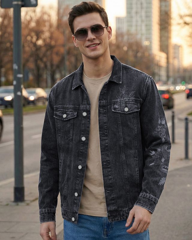 Men's Black Graphic Printed Oversized Acid Wash Denim Jacket