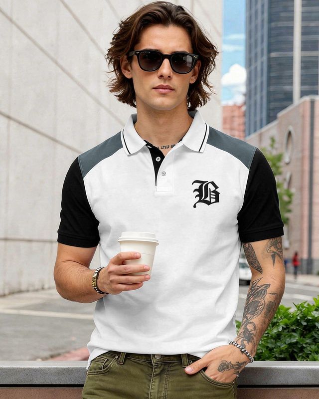 Men's Bright White & Black Color Block Polo T-shirt