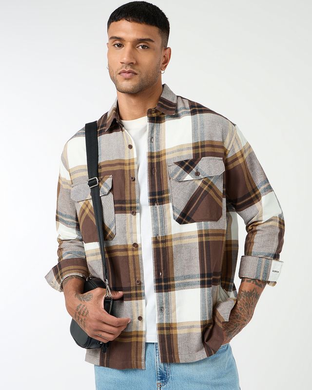 Men's Brown & White Checked Relaxed Fit Shirt