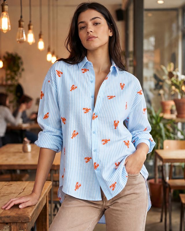 Women's Blue All Over Printed Oversized Shirt