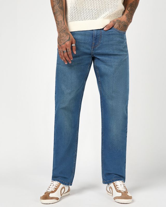 Men's Mid Blue Washed Slim Straight Fit Stretchable Mid-Rise Jeans