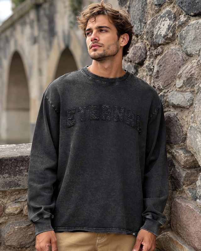 Shop Men's Black Eternal Typography Oversized Acid Wash T-shirt-Front