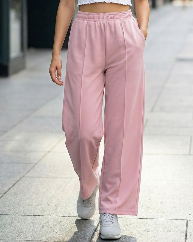 Women's Pastel Pink Wide Leg Track Pants