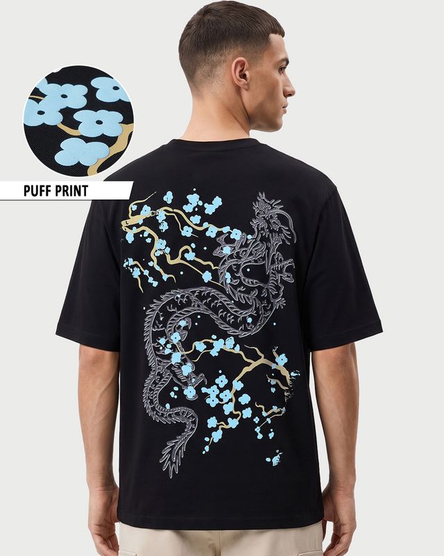 Men's Black Sky Ruler Graphic Printed Oversized T-shirt