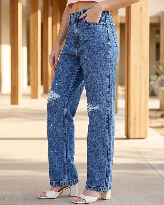 Women's  Light Blue Straigh Fit Washed Distressed Jeans