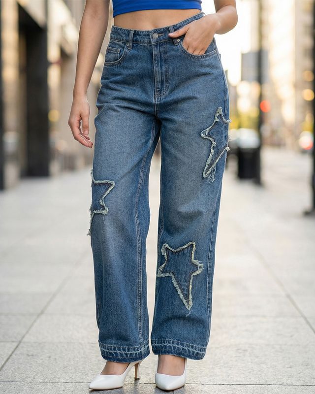 Women's Blue Applique Washed Baggy Fit Jeans
