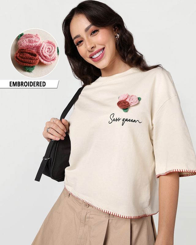 Women's Beige Embroidered Oversized Short Top