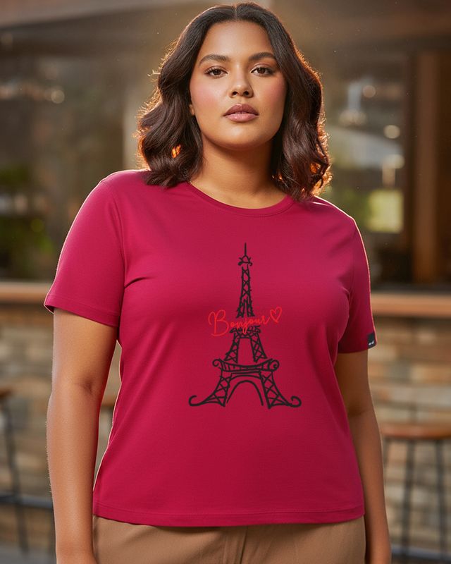 Women's Bold Red Bonjour Paris Graphic Printed Plus Size T-shirt