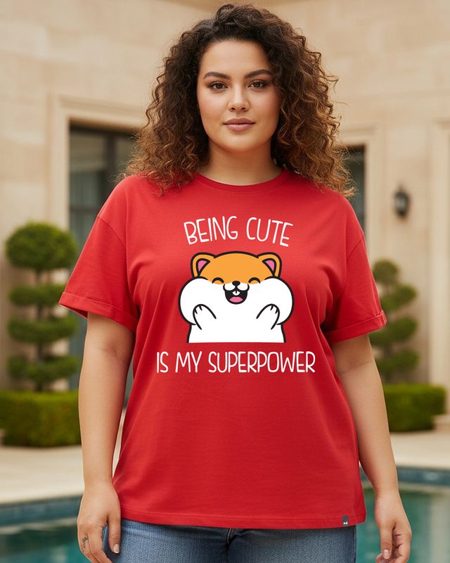 Women's Bold Red Being Cute Is My Super Power Graphic Printed Boyfriend Plus Size T-shirt