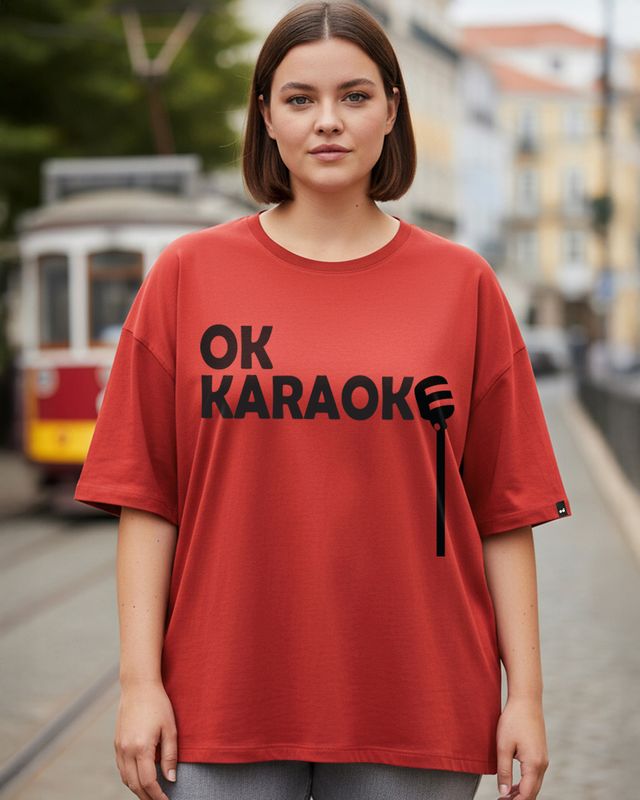 Women's Bold Red Ok Karaoke Typography Oversized Plus Size T-shirt