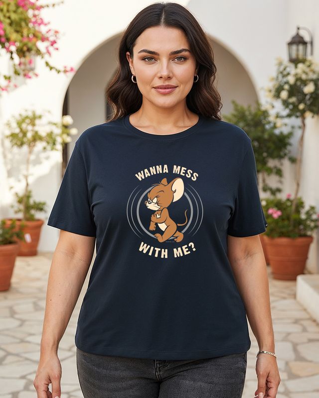 Women's Navy Blue Thug Jerry Graphic Printed Plus Size T-shirt