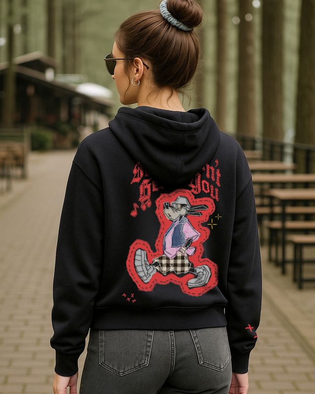 Women's Jet Black Sorry Graphic Printed Oversized Hoodies