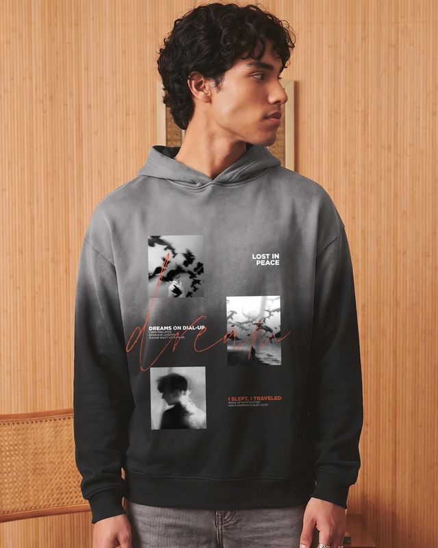 Men's Black Graphic Printed Ombre Oversized Hoodies