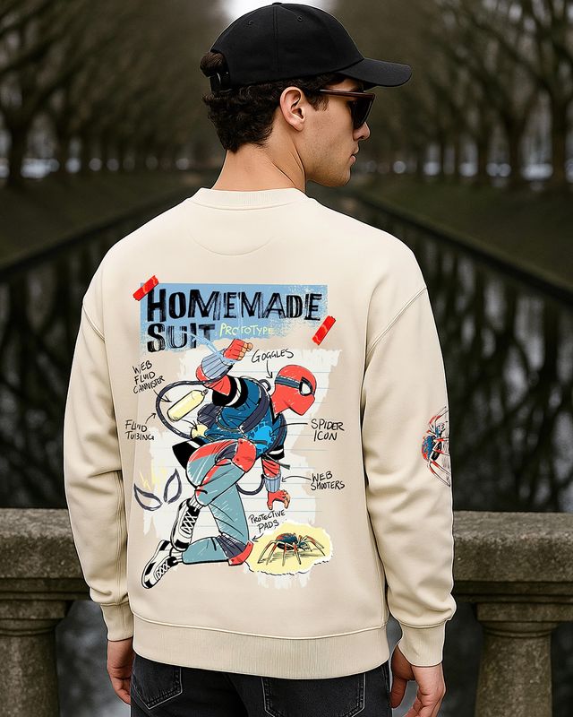 Men's Beige Home Made Graphic Printed Oversized Sweatshirt