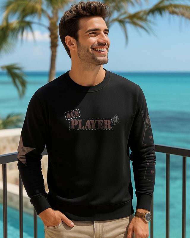 Men's Jet Black Ace Graphic Printed Sweatshirt
