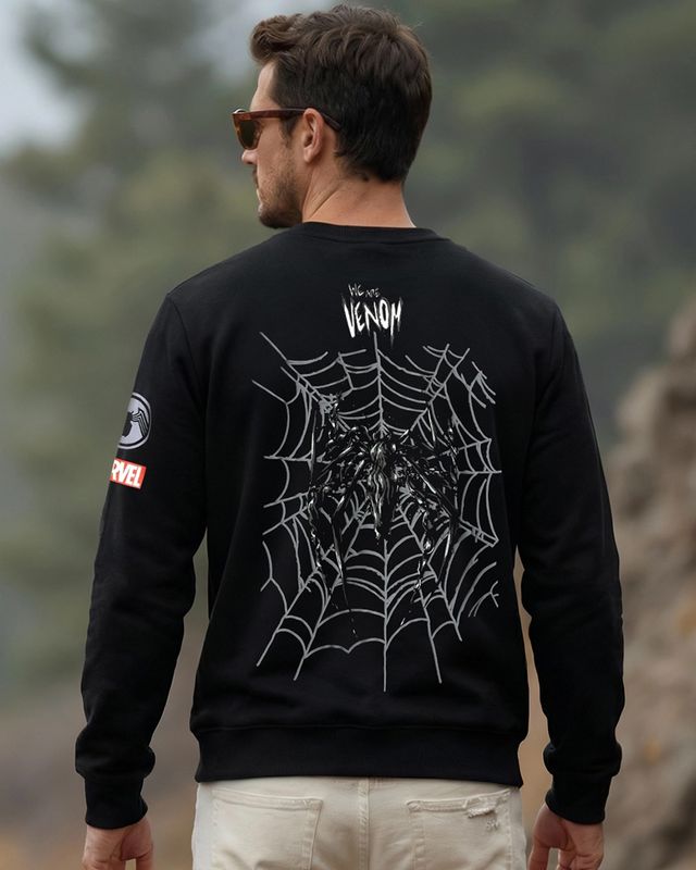 Men's Jet Black Web Venom Graphic Printed Sweatshirt