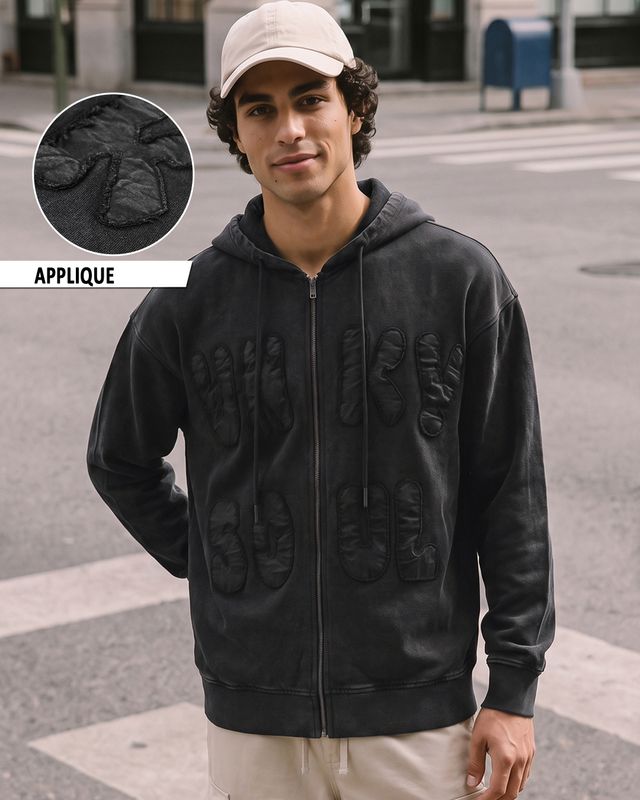 Men's Black Applique Oversized Acid Wash Zipper Hoodies