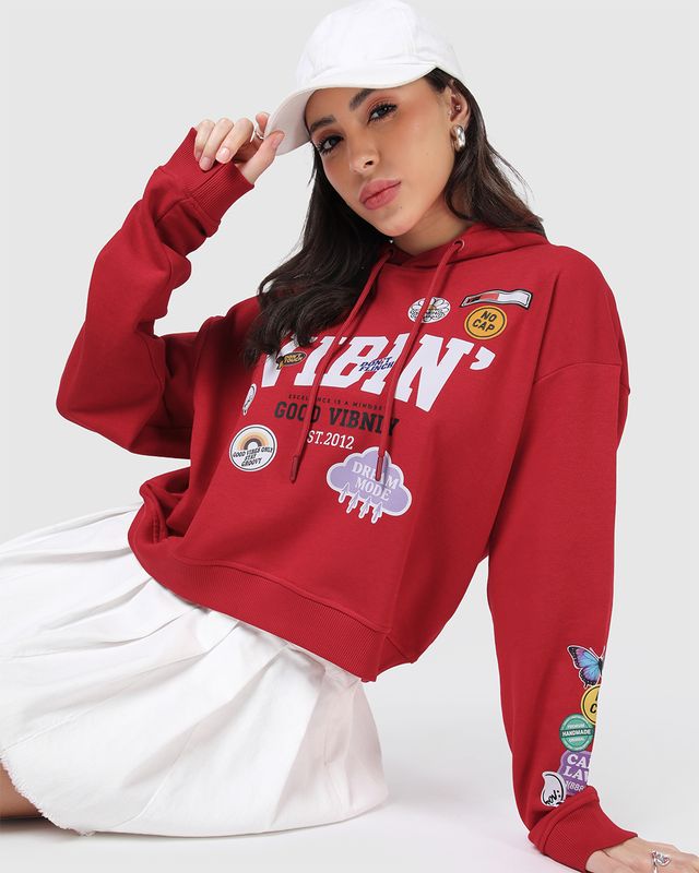 Women's Red Vibin Graphic Printed Oversized Crop Hoodies